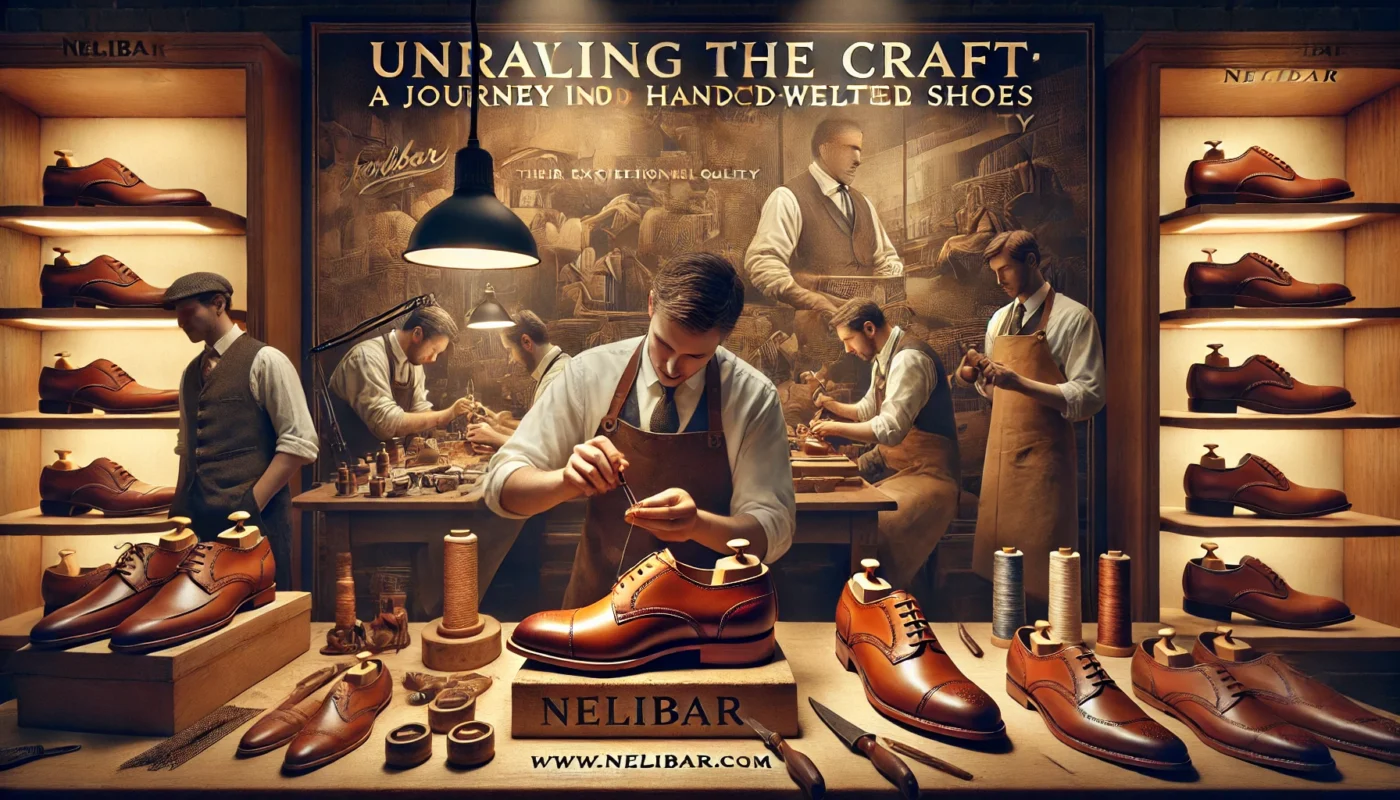 A detailed and elegant depiction of the craftsmanship behind hand-welted shoes at Nelibar. The image showcases artisans meticulously stitching the wel