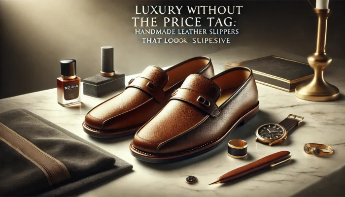 Luxury on a Budget: Affordable Handmade Leather Slippers That Look Expensive 3 An elegant promotional image featuring 'Nelibar - Handmade Leather Shoes & Slippers.' The image showcases a luxurious pair of handmade leather slipper