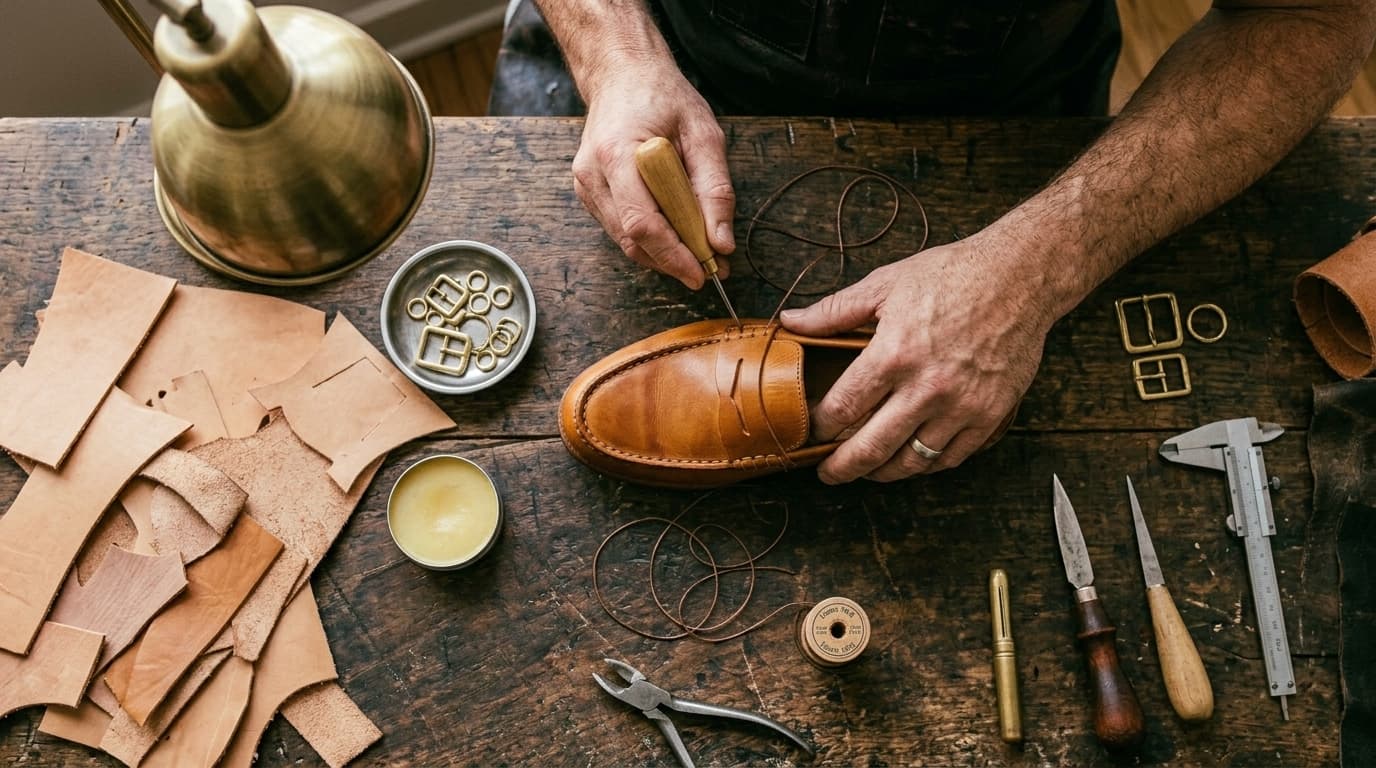 Artisan saddle-stitching a leather slipper by hand in Nelibar workshop